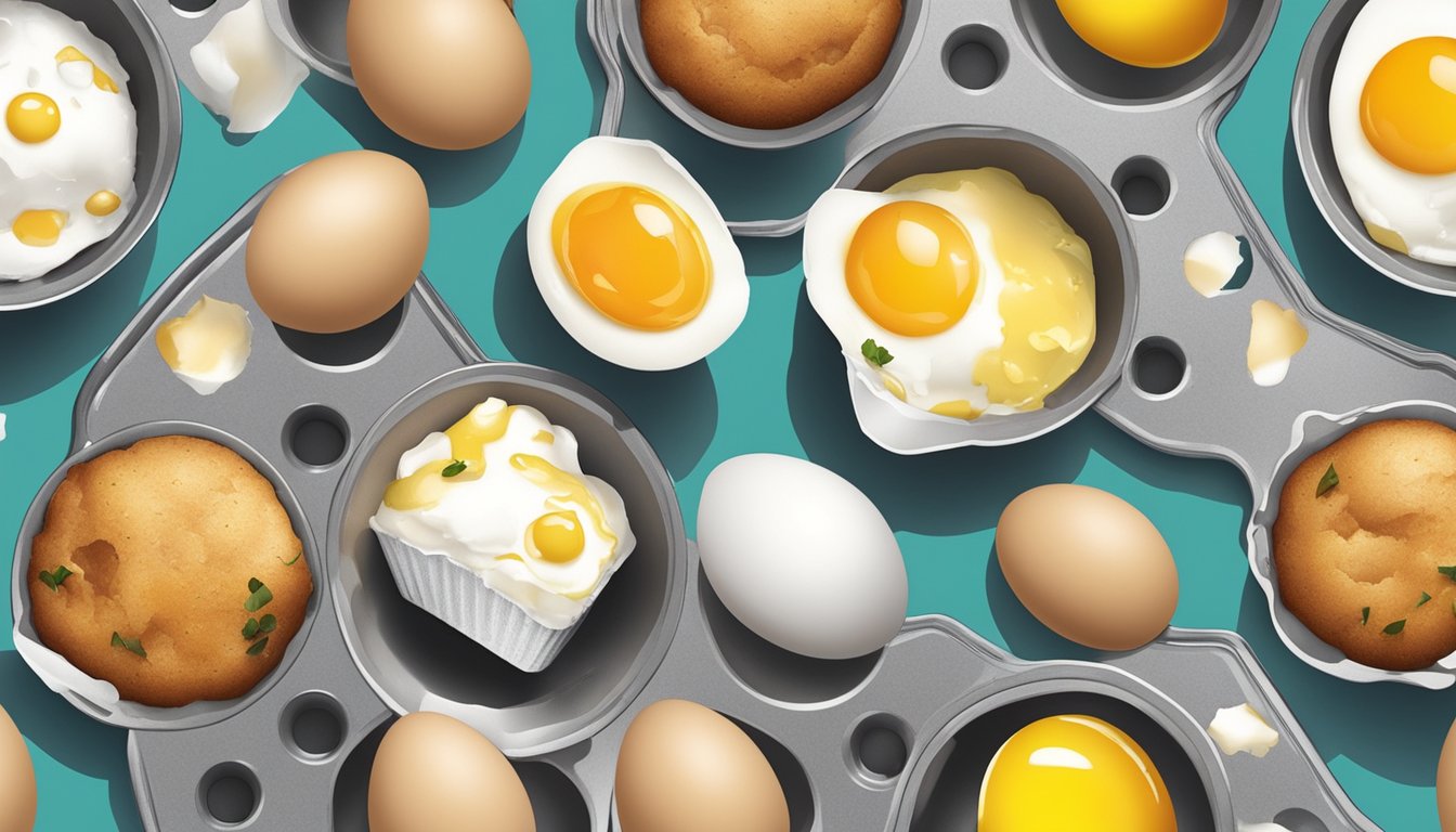 A muffin tin filled with cracked eggs and various ingredients scattered around