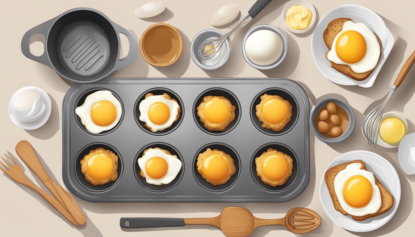 Eggs being poured into greased muffin tin, surrounded by various ingredients and kitchen utensils