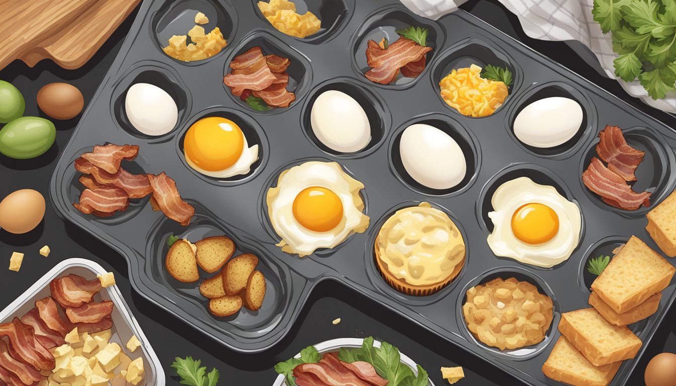 Eggs being cracked and poured into greased muffin tin, surrounded by various ingredients like cheese, vegetables, and bacon bits