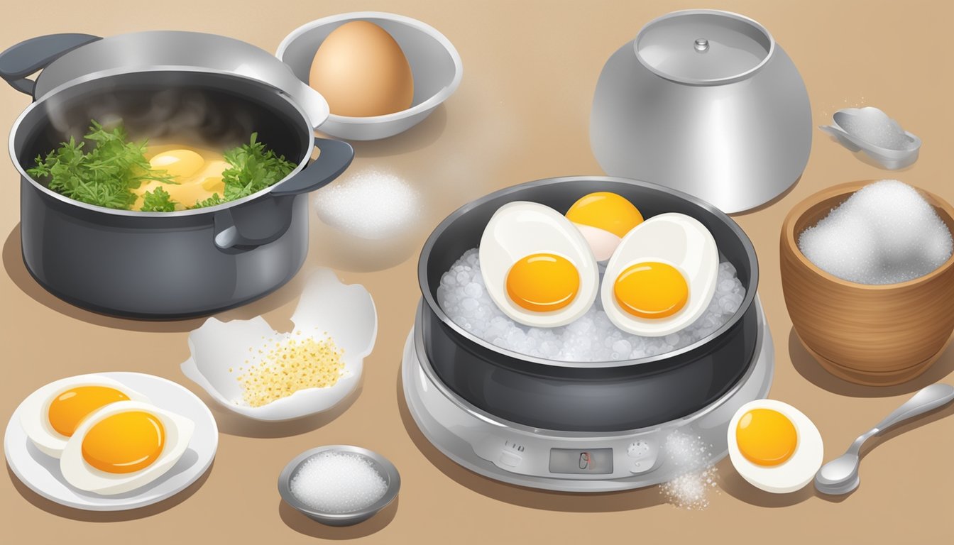 A pot of boiling water with eggs inside, a timer set, and a plate with a sliced hard-boiled egg served with salt and pepper