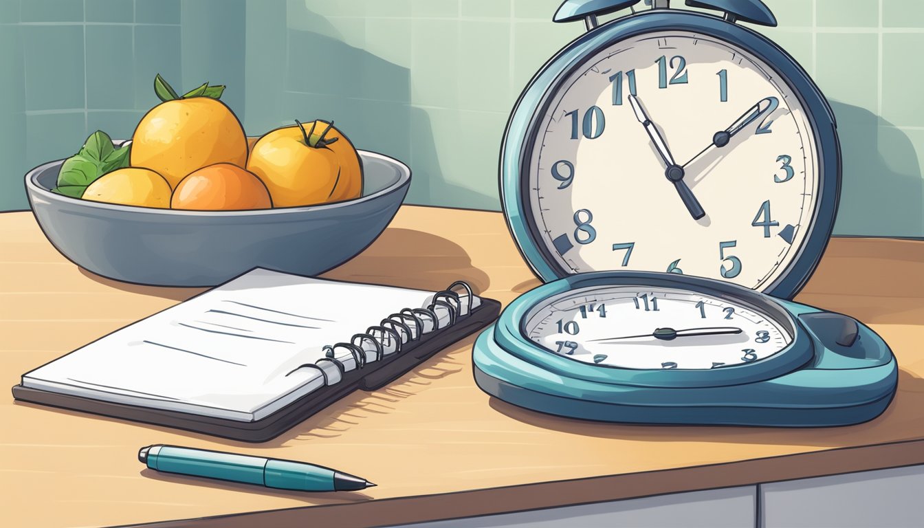 A clock on a kitchen counter with a notepad and pen, tracking days and hours of intermittent fasting progress