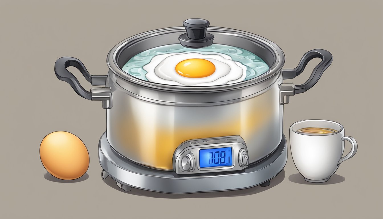 A pot of boiling water with eggs inside, a timer set nearby