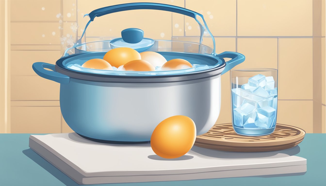 A pot of boiling water with eggs inside, a timer set, and a bowl of ice water nearby