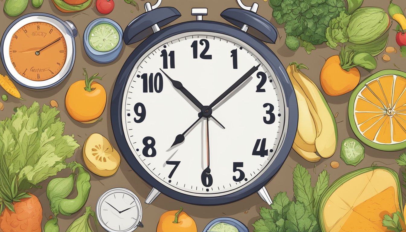 A clock surrounded by healthy foods and a calendar with marked days