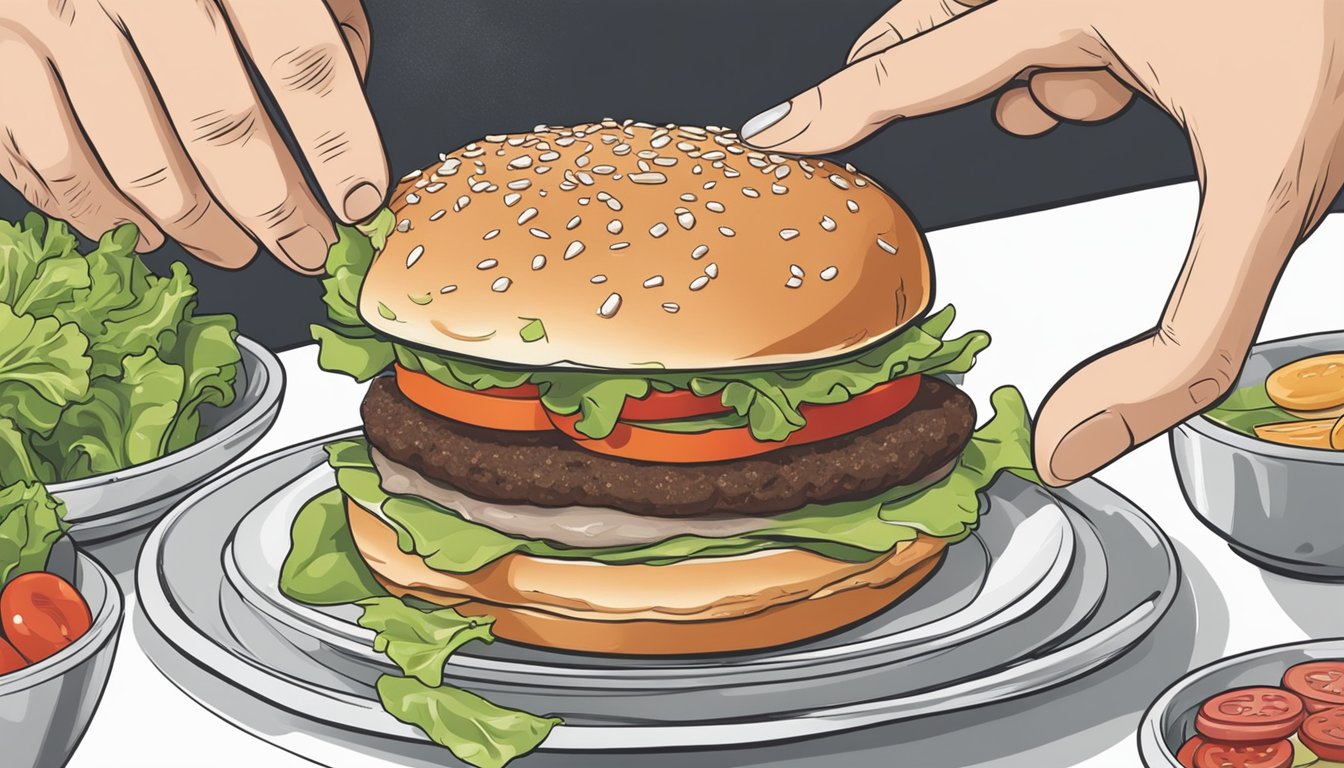 A hand placing a cooked frozen burger on a bun with lettuce, tomato, and condiments, ready to be served on a plate