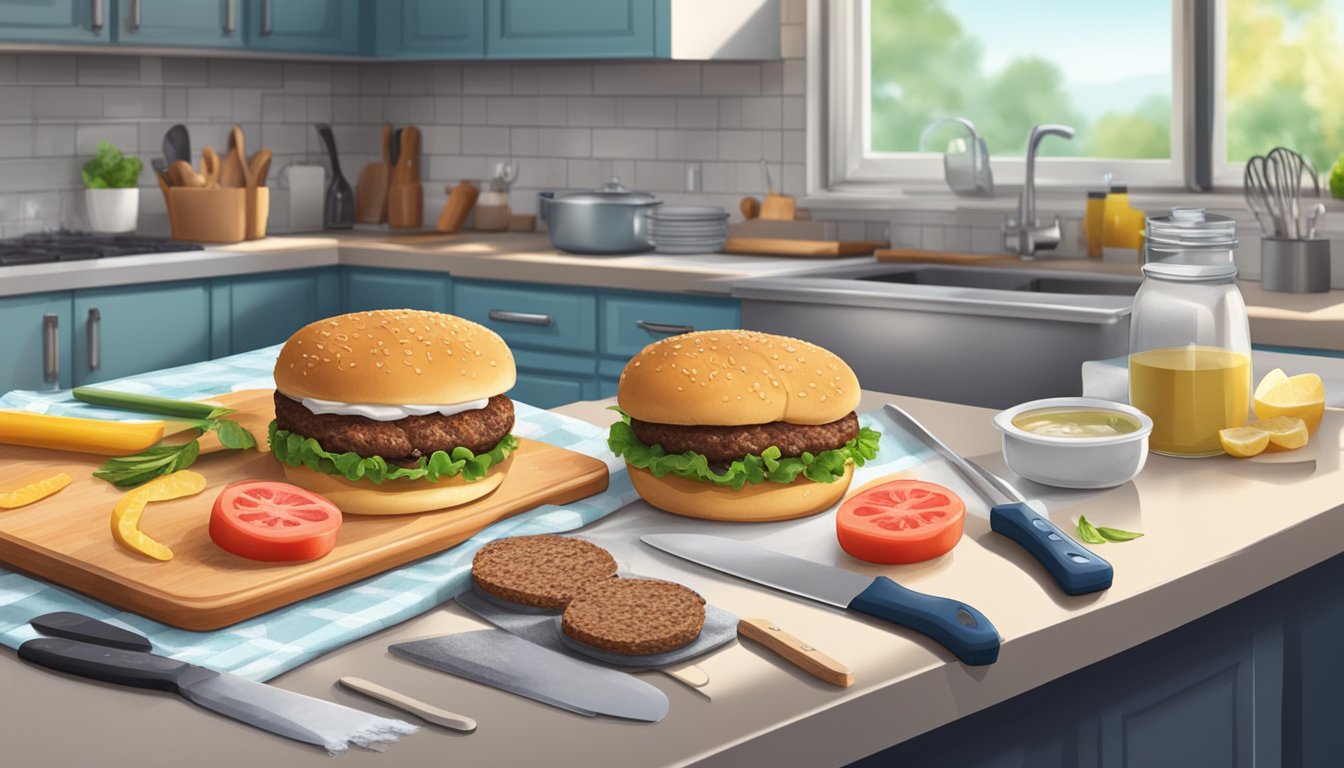 A kitchen counter with frozen burgers, a cutting board, knife, and cooking utensils. A thermometer and cleaning supplies nearby