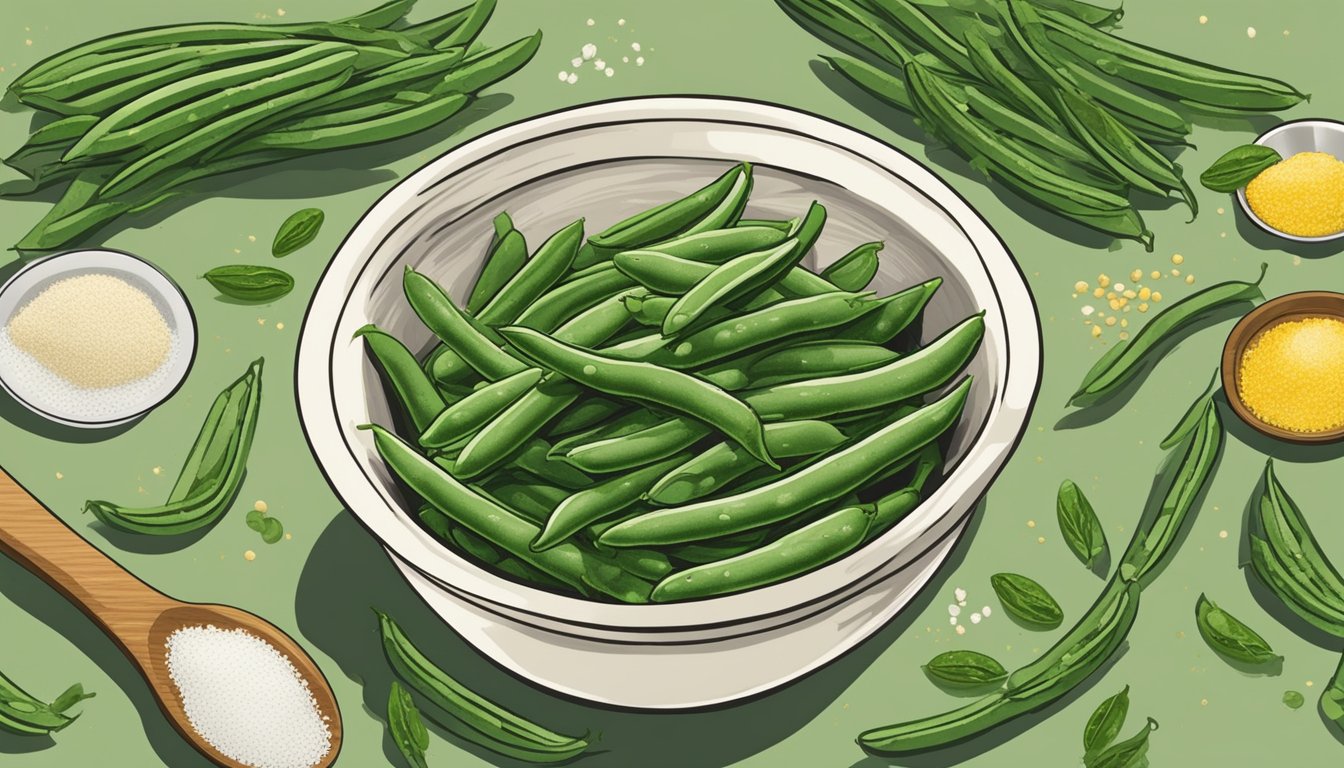 Fresh green beans being tossed in a bowl with olive oil, salt, pepper, and garlic powder before being spread out on a baking sheet