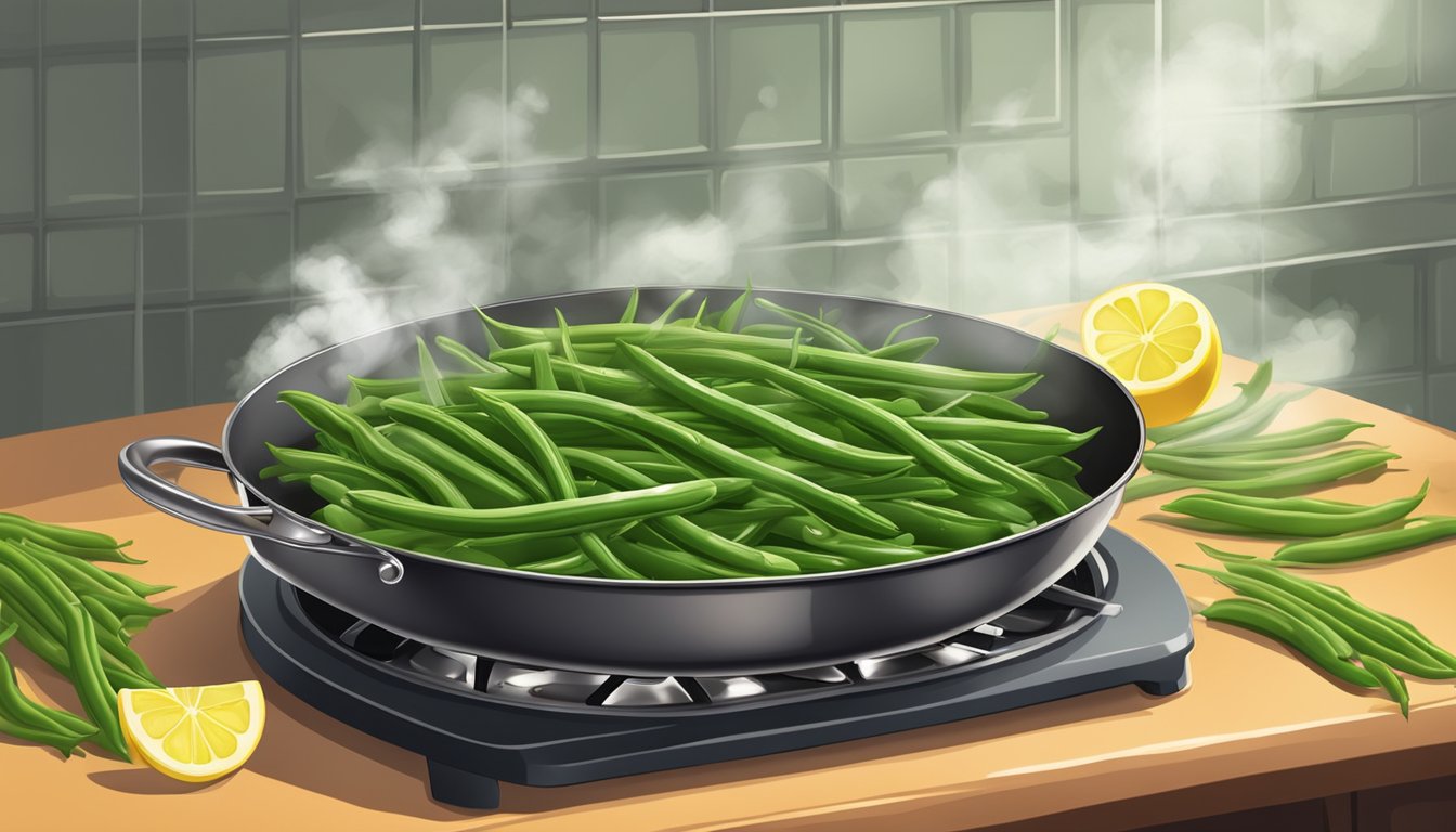 A pot of green beans cooking on a stove, steam rising. A serving platter with cooked green beans, garnished with herbs and lemon slices