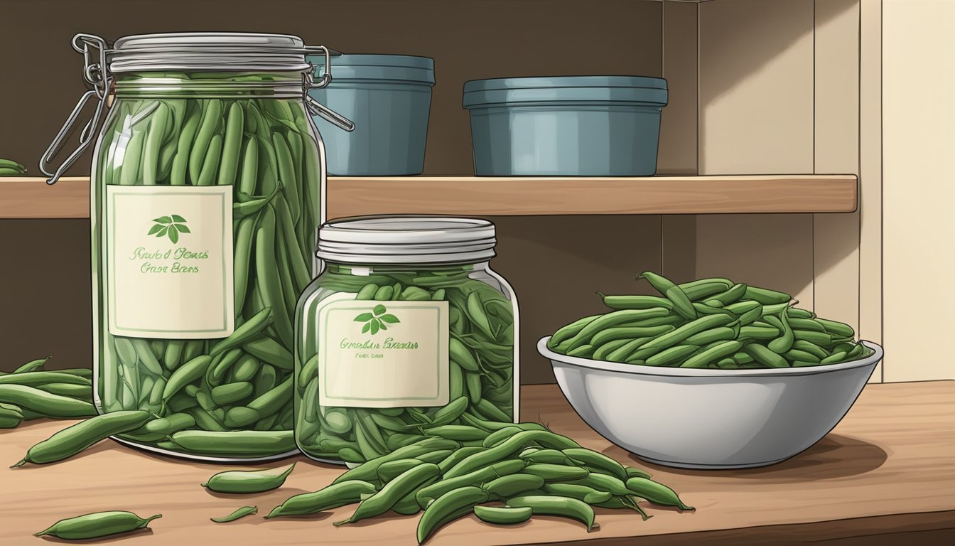 A jar of green beans sits on a kitchen shelf, sealed with a lid. Nearby, a basket of fresh beans is being prepared for preservation