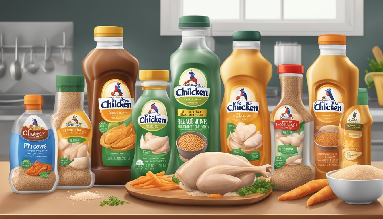 A variety of seasoning and flavoring bottles arranged around a bag of frozen chicken on a clean kitchen counter