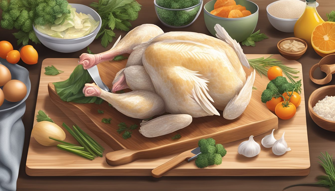 A frozen chicken being placed on a cutting board, surrounded by various ingredients and cooking utensils