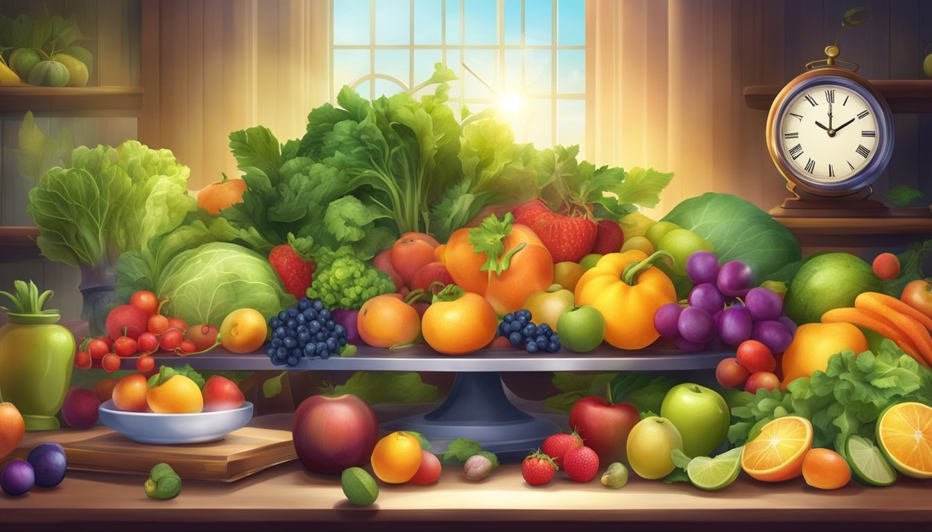 A table set with a variety of colorful fruits and vegetables, surrounded by a glowing halo of light, with a clock showing the passage of time