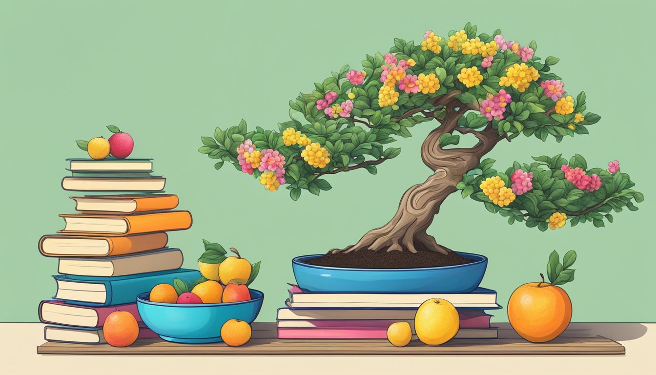 A serene garden with a blooming bonsai tree, a bowl of colorful fruits, and a stack of books on creativity