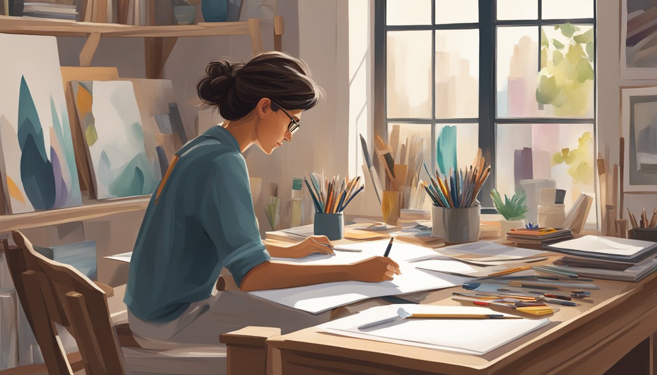 A person sitting at a desk, surrounded by art supplies and a blank canvas. The room is filled with natural light, and the person looks deep in thought