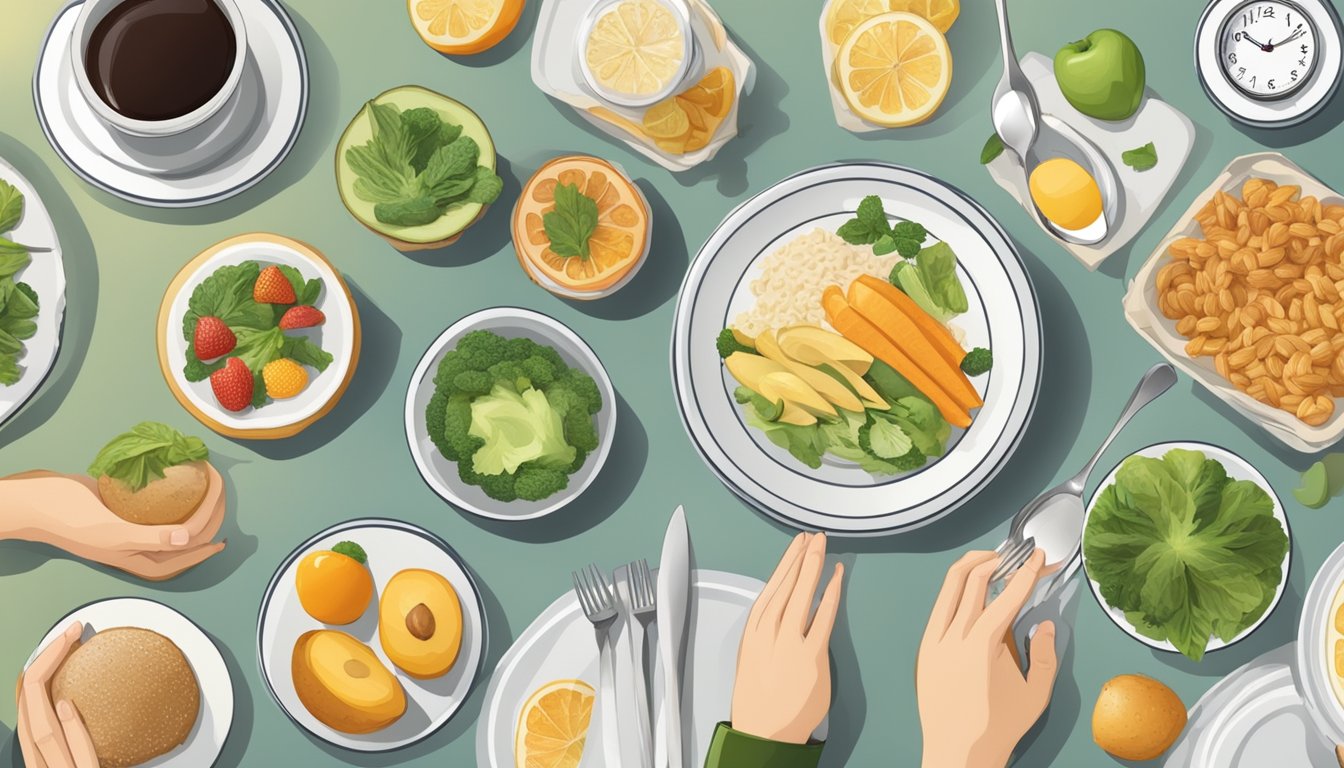 A table set with a variety of healthy foods, a clock showing the end of the fasting period, and a person reaching for a plate