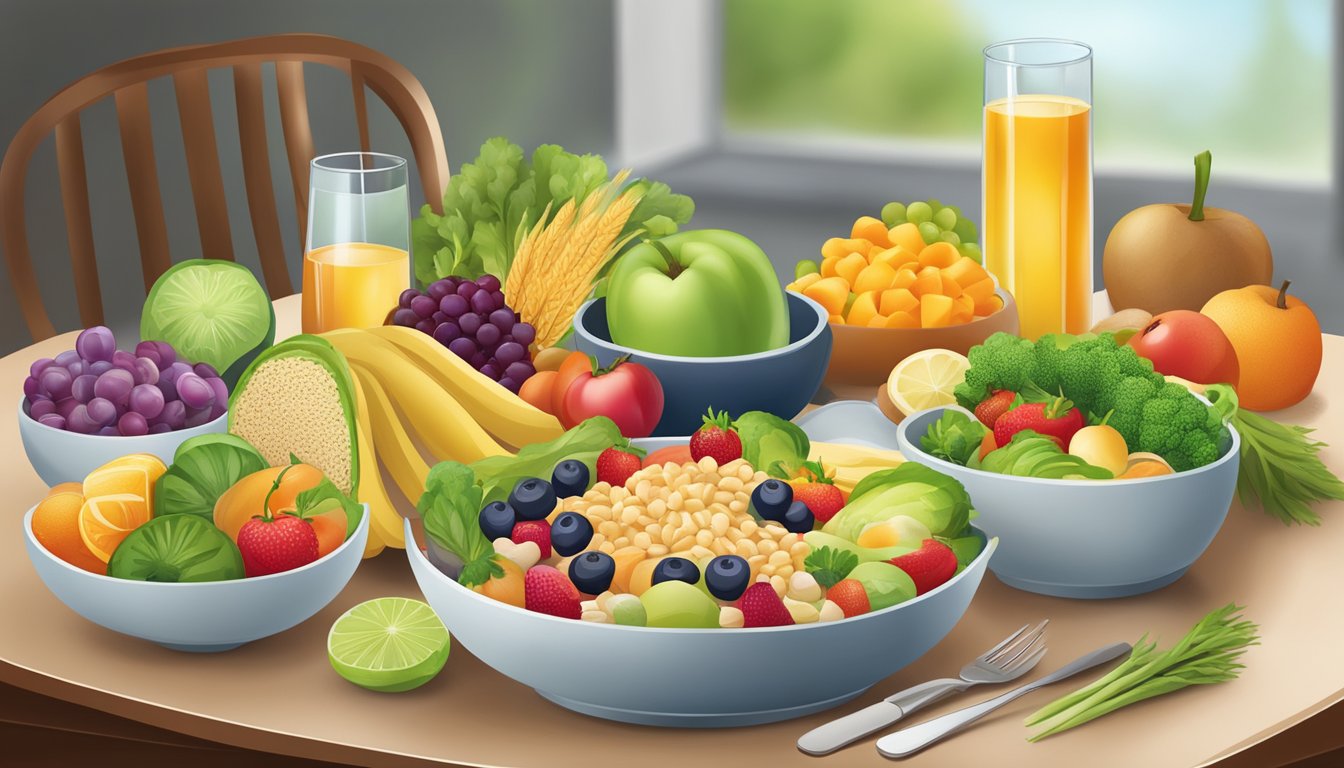 A table set with a variety of healthy foods, including fruits, vegetables, lean proteins, and whole grains, with a glass of water