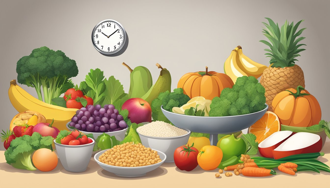 A table with a variety of healthy foods including fruits, vegetables, lean proteins, and whole grains. A clock on the wall indicating the end of a fasting period