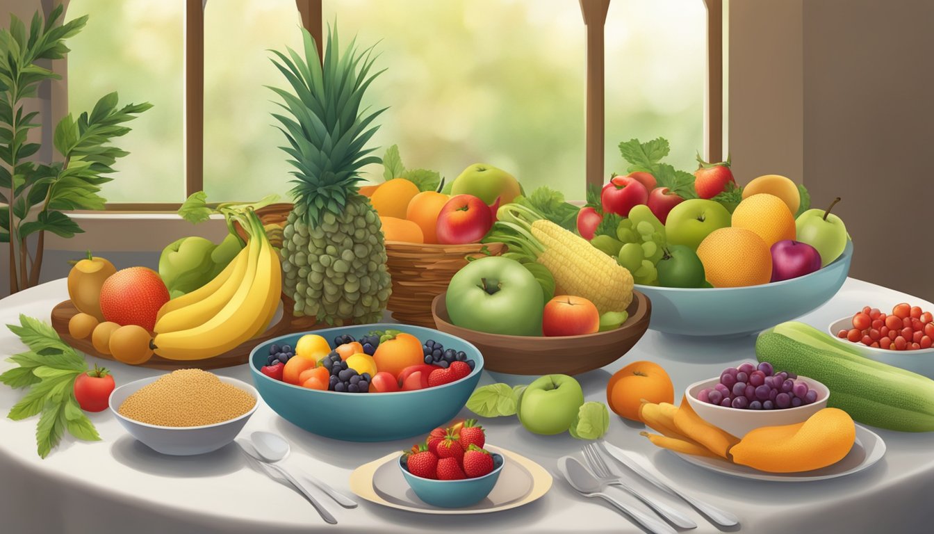 A table set with a variety of colorful fruits, vegetables, and whole grains, with a serene and peaceful atmosphere