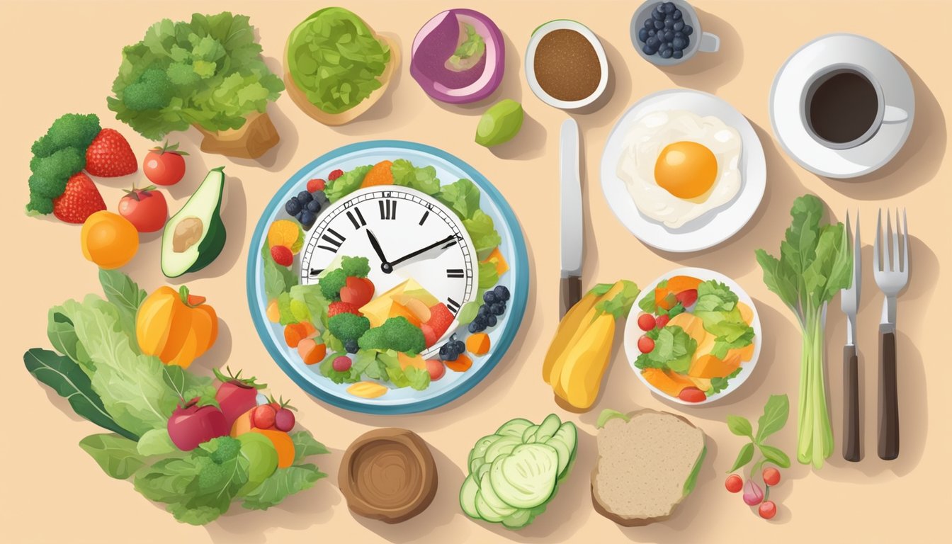 A table with a variety of healthy foods and a clock showing the time for the next meal, with a person preparing a balanced plate