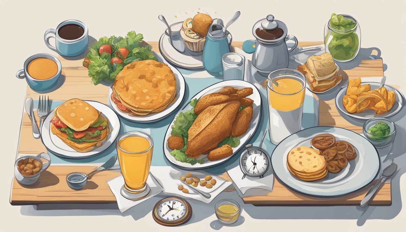 A table set with a clock showing different times, a variety of food and drink items, and a person abstaining from eating