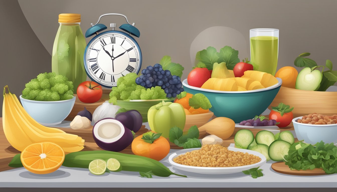 A table set with a variety of healthy foods and a clock showing different times throughout the day