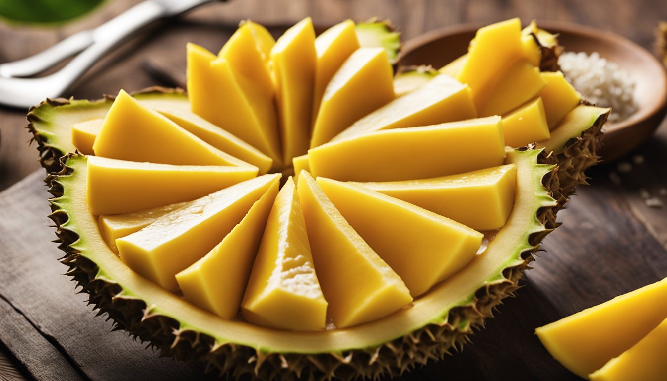 The jackfruit and mango are sliced open, revealing their vibrant yellow flesh and fibrous texture