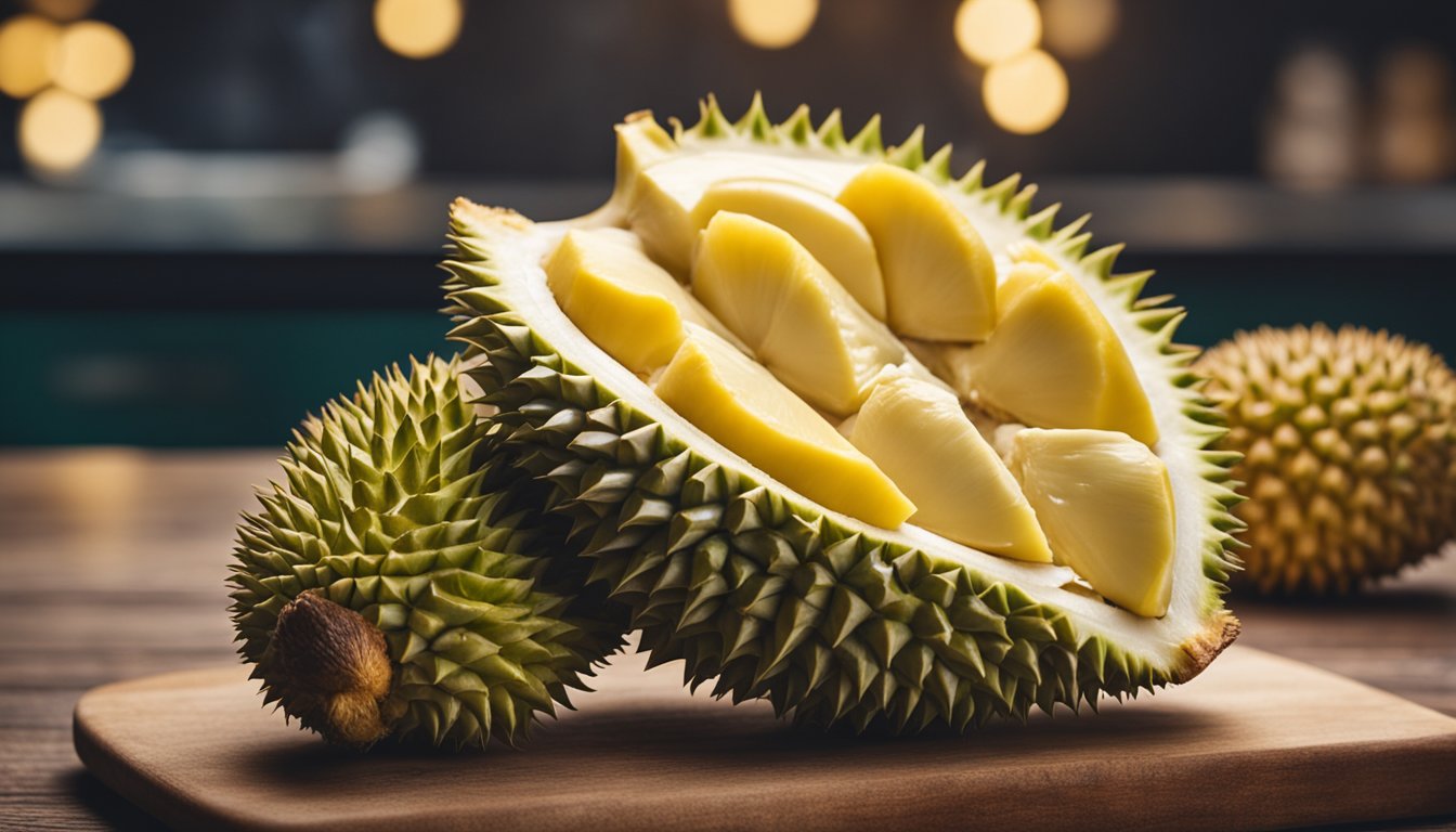 The durian and jackfruit are cut open, revealing their creamy, custard-like flesh