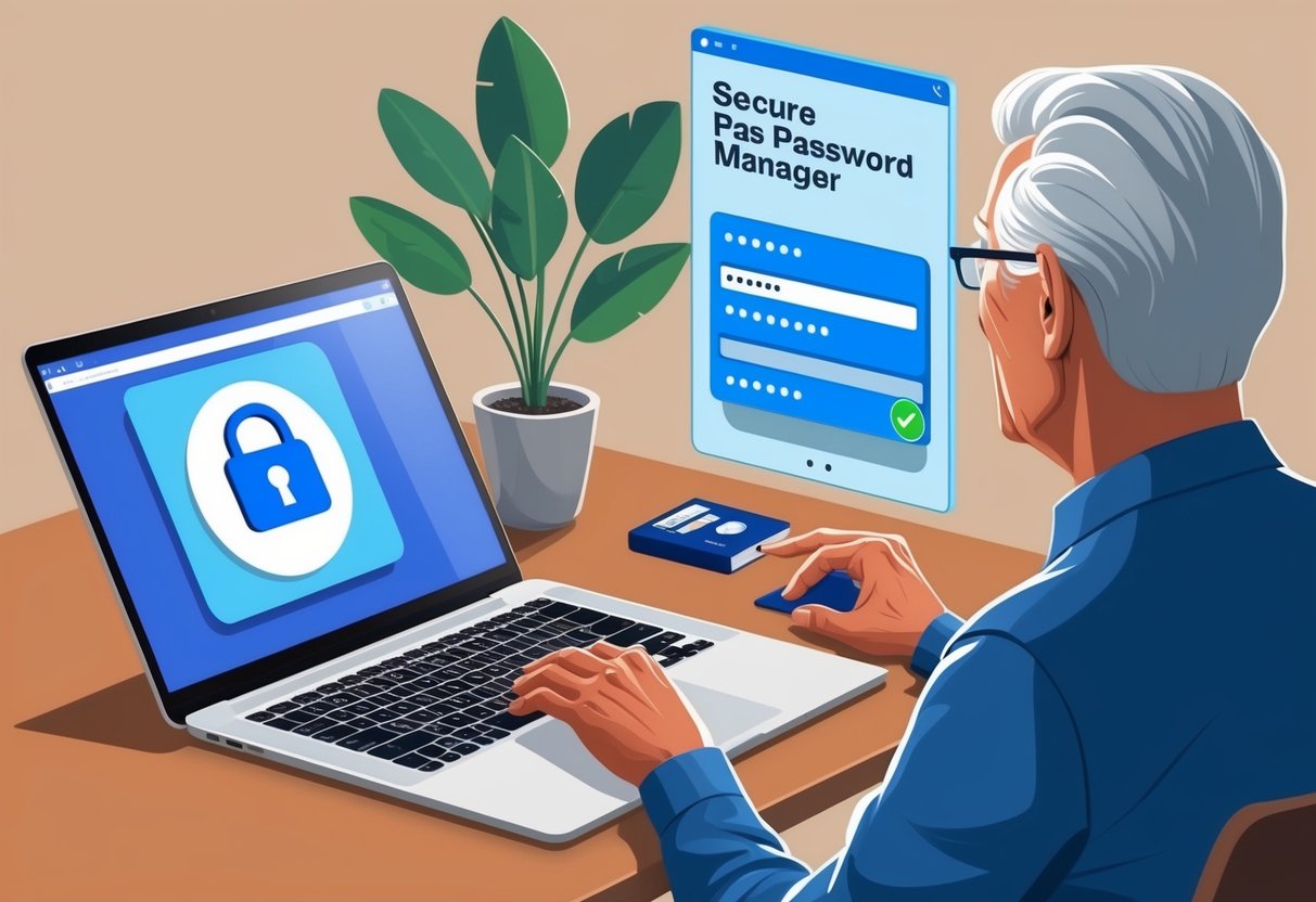 A senior using a laptop, with a secure password manager displayed on the screen