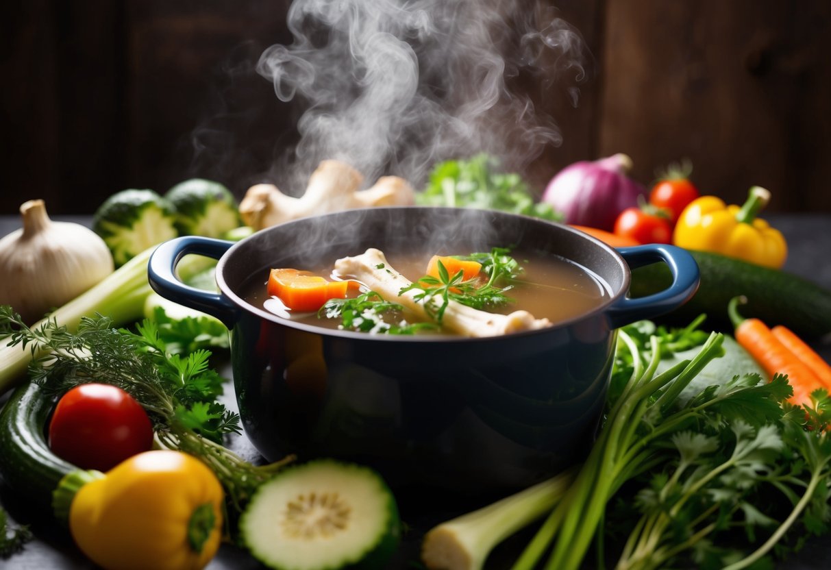 A simmering pot of bone broth surrounded by various fresh vegetables and herbs, emitting a savory aroma