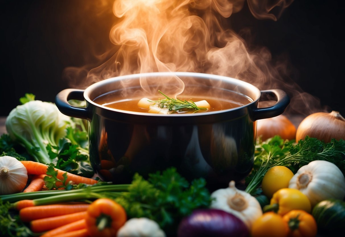 A steaming pot of bone broth surrounded by various vegetables and herbs, with a warm, comforting glow emanating from the simmering liquid