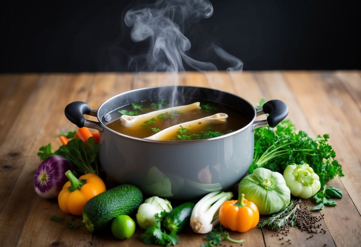 A simmering pot of bone broth surrounded by various fresh vegetables and herbs, with steam rising from the pot