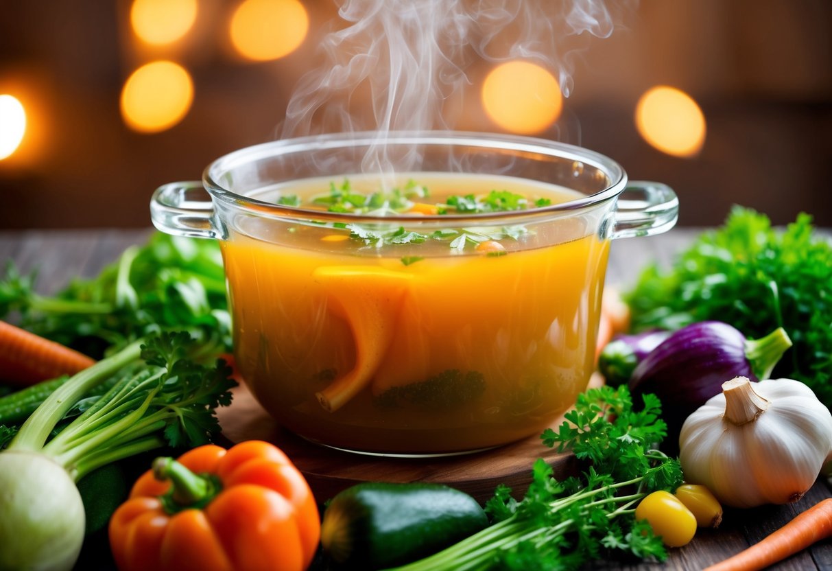 A steaming pot of bone broth surrounded by vibrant, fresh vegetables and herbs, with a warm, comforting glow emanating from the pot