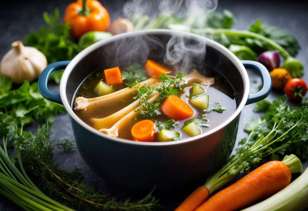 A simmering pot of bone broth surrounded by fresh vegetables, herbs, and spices, with steam rising from the surface