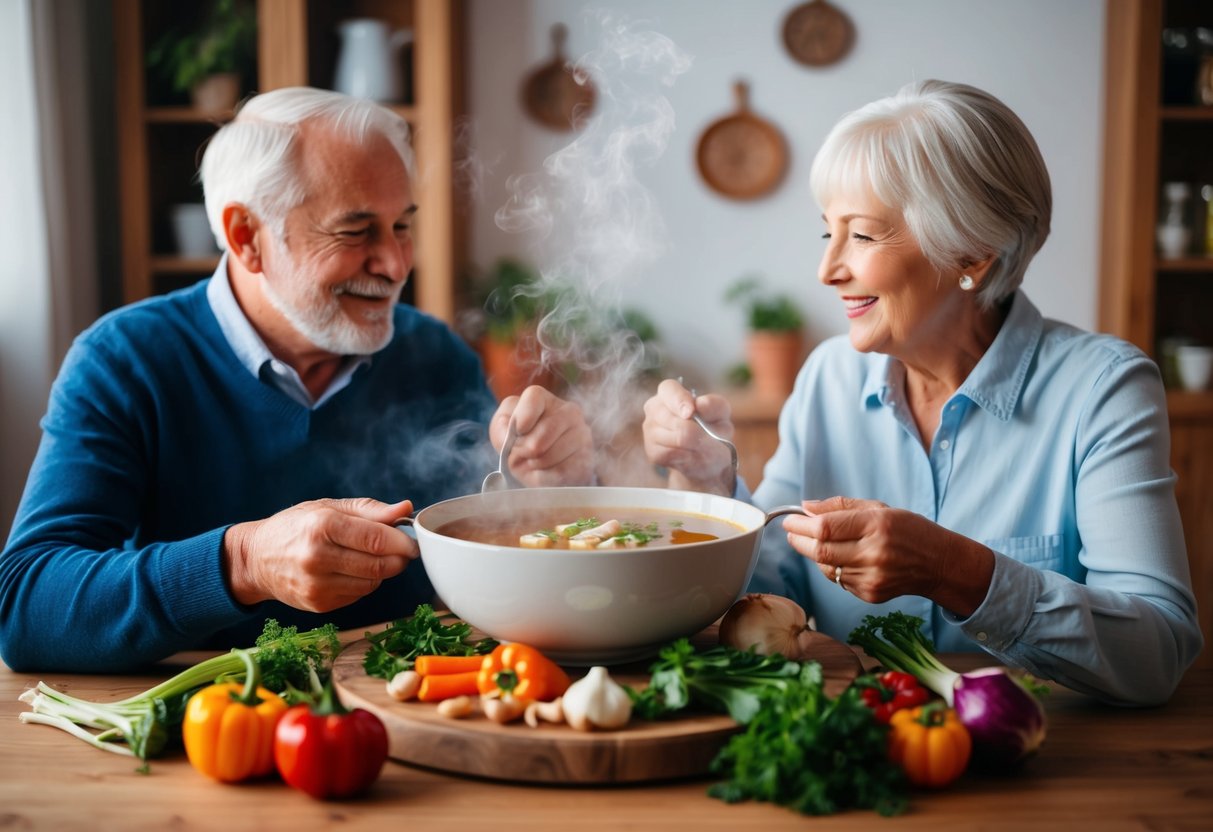 A steaming bowl of bone broth surrounded by various ingredients like vegetables and herbs, with a senior couple enjoying a warm and comforting meal together