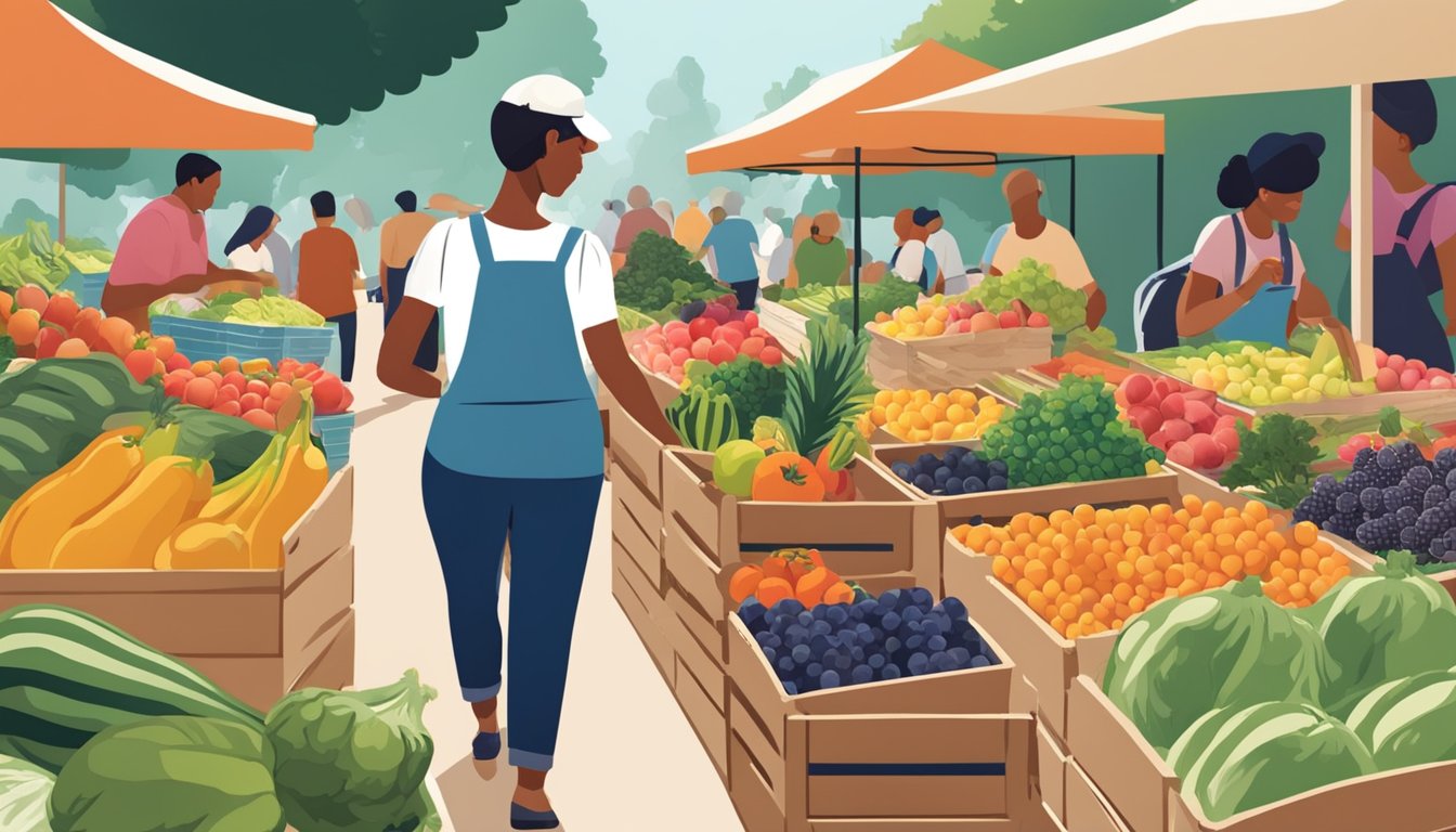 A person reaching for fresh produce at a bustling farmers market, with colorful fruits and vegetables displayed on wooden crates and tables