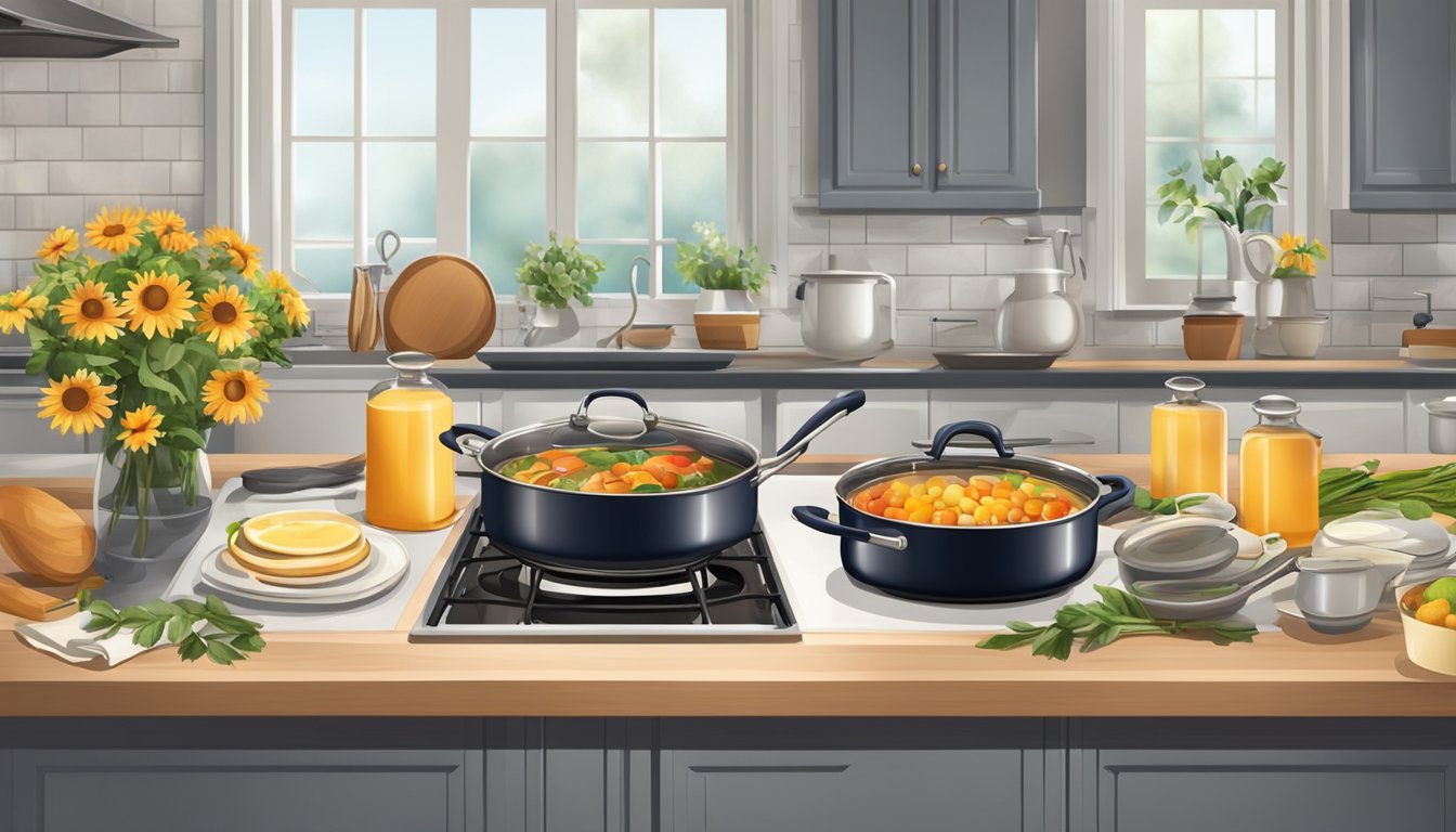 A kitchen counter with ingredients, pots, and pans, a stove with a pot simmering, and a table set for two with candles and flowers