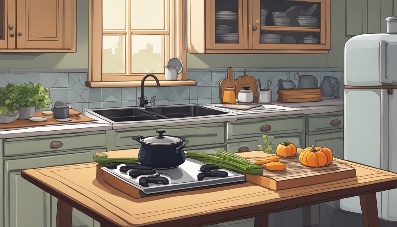 A cozy kitchen with a neatly set table, a pot simmering on the stove, and a chef's knife and cutting board ready for use