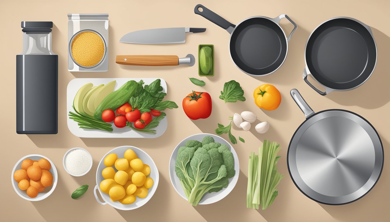 Various kitchen tools and ingredients laid out on a clean countertop, including pots, pans, knives, cutting board, and fresh produce