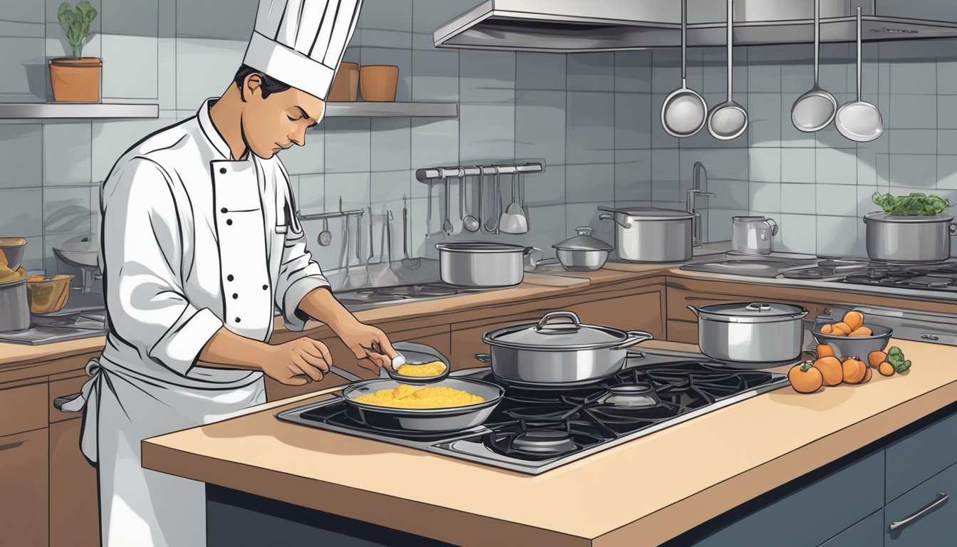 A chef meticulously measuring and mixing ingredients, while carefully observing the cooking process on a stovetop