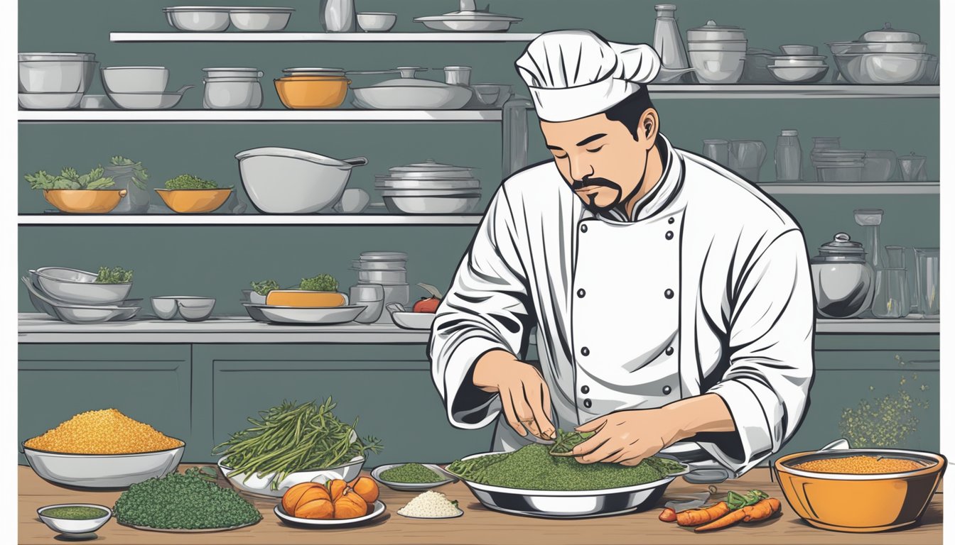 A chef tasting a dish, adjusting seasonings, and carefully arranging ingredients on a plate