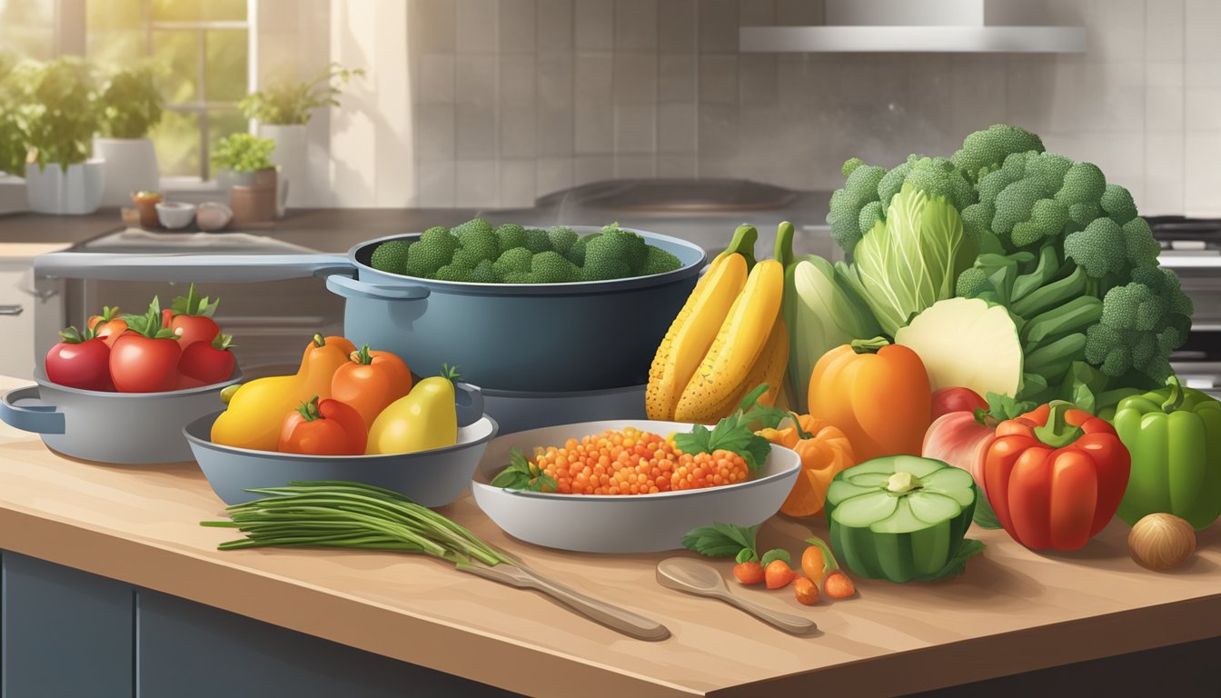 A colorful array of fresh fruits and vegetables on a kitchen counter, alongside whole grains and lean proteins. A pot simmering on the stove and a cutting board with chopped ingredients