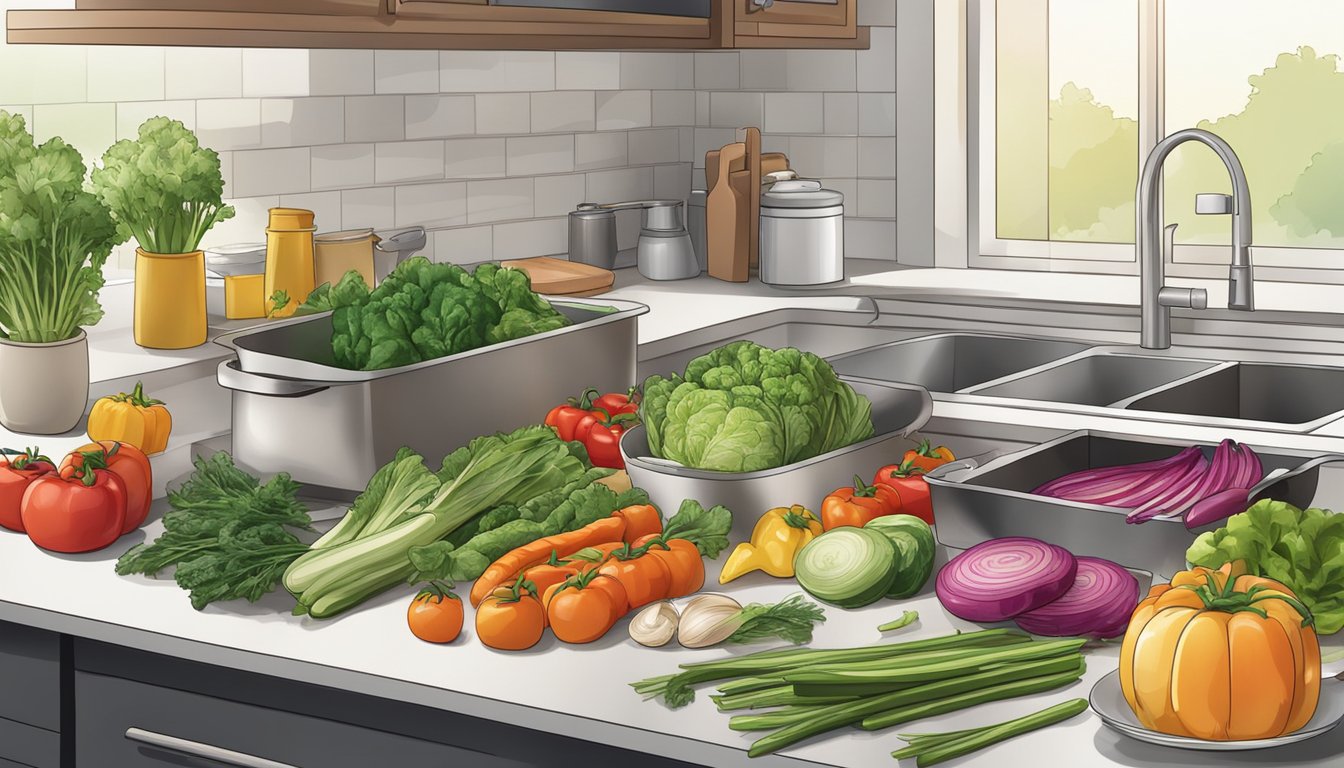 A colorful array of fresh vegetables being chopped, grilled, and steamed on a clean, organized kitchen counter