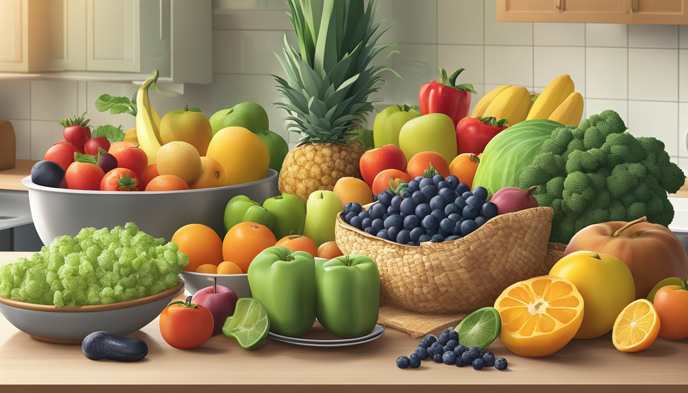 A colorful array of fresh fruits, vegetables, and whole grains spread out on a clean, well-lit kitchen counter