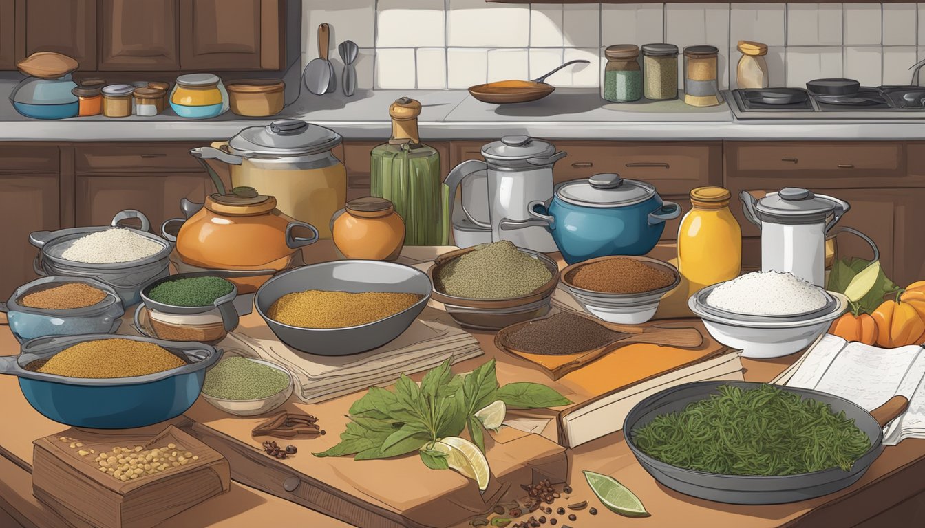 A cluttered kitchen counter with various spices, cookware, and a recipe book open to an exotic dish