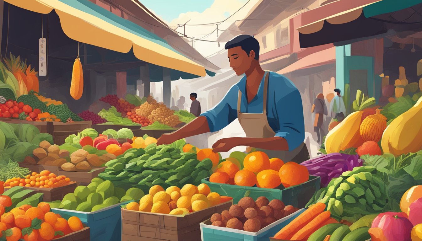 A person exploring a bustling outdoor market, surrounded by colorful stalls of exotic fruits, vegetables, and spices. They are carefully selecting ingredients for a new cuisine they are eager to try cooking