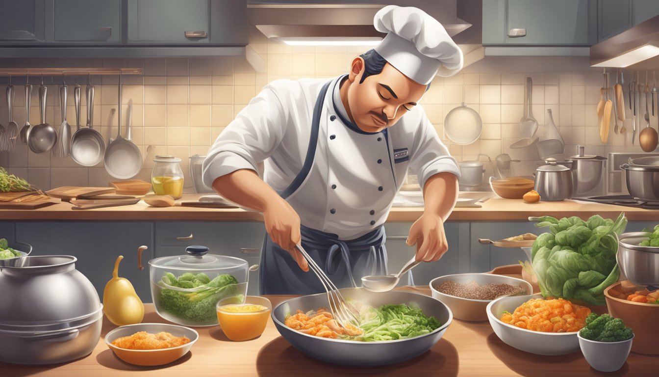 A chef explores new cuisine, carefully following a recipe, surrounded by various ingredients and utensils in a well-lit kitchen