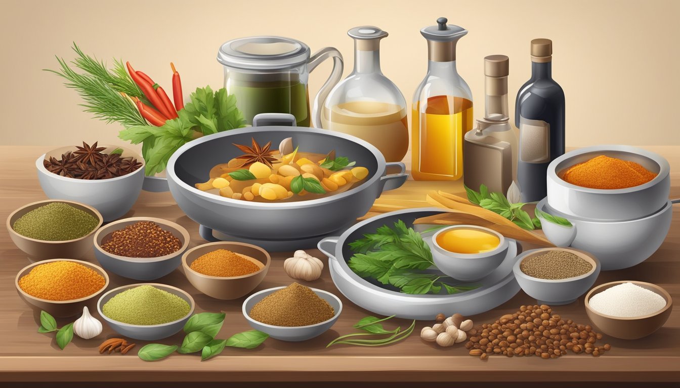 A table set with various ingredients, spices, and utensils for cooking a new cuisine, with a finished dish as the centerpiece