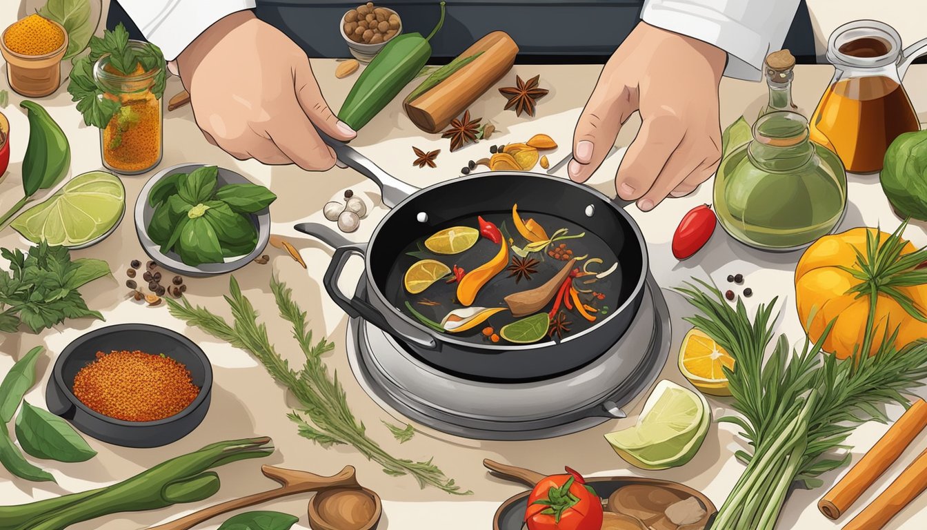 A chef's hand adjusts spices over a sizzling pan, surrounded by exotic ingredients and cooking utensils