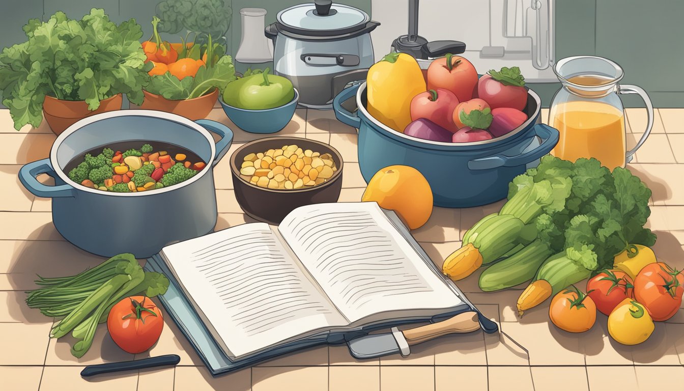 A kitchen counter with fresh fruits, vegetables, and lean proteins laid out next to a recipe book and a pot simmering on the stove