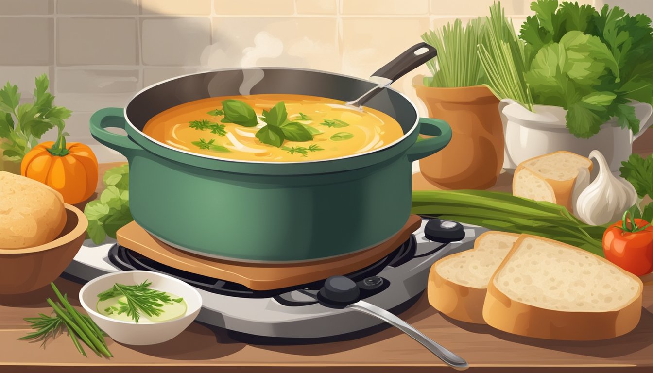 A pot of homemade soup simmers on the stove, surrounded by fresh vegetables and herbs. A bowl of steaming broth is placed on a cozy table setting, with a spoon and a slice of warm bread